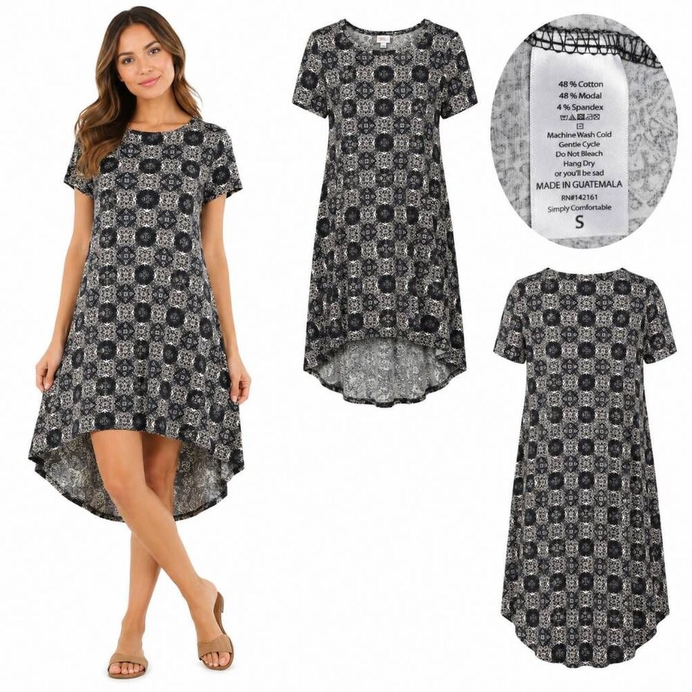 LuLaRoe Carly S Black White Geo Hi Low Dress